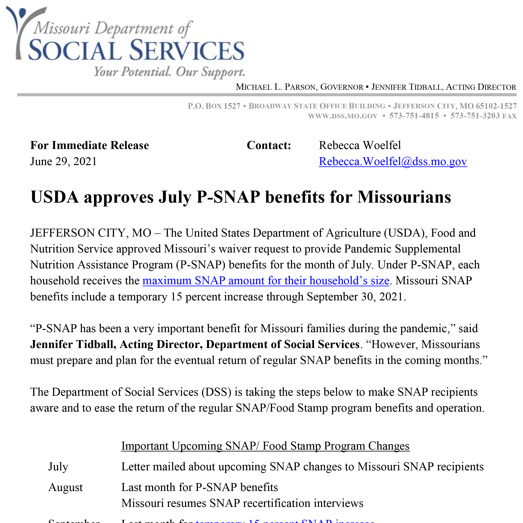 USDA approves July P SNAP benefits for Missourians Community